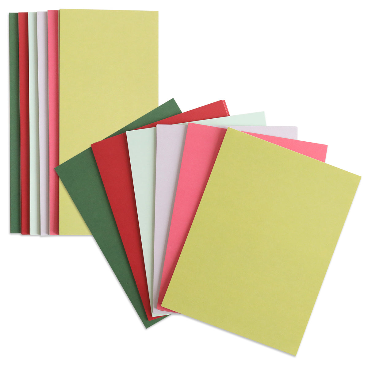 A set of Luxury Solid Cardstock in eye-catching colors such as red, green, yellow, white, and pink is elegantly arranged on a clean white backdrop. Ideal for any project requiring embossing or die-cutting.