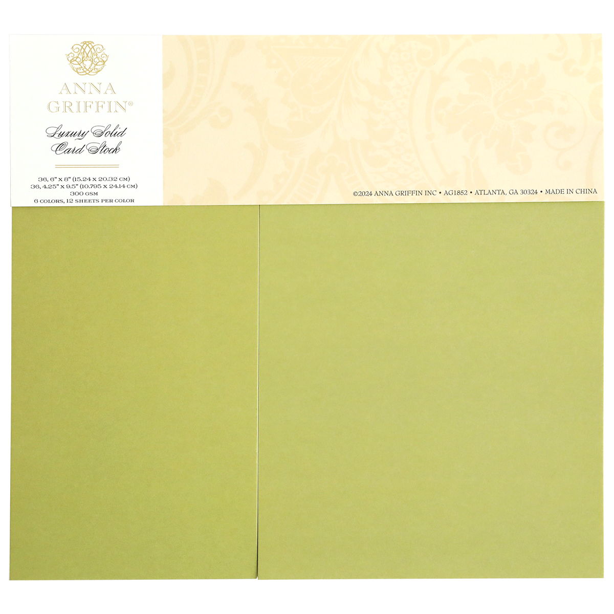 This set of Anna Griffin Luxury Solid Cardstock, crafted in olive green, is ideal for die-cutting and embossing. Each pack contains 54 sheets, measuring 5"x7", and is made in China.