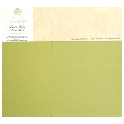 This set of Anna Griffin Luxury Solid Cardstock, crafted in olive green, is ideal for die-cutting and embossing. Each pack contains 54 sheets, measuring 5"x7", and is made in China.