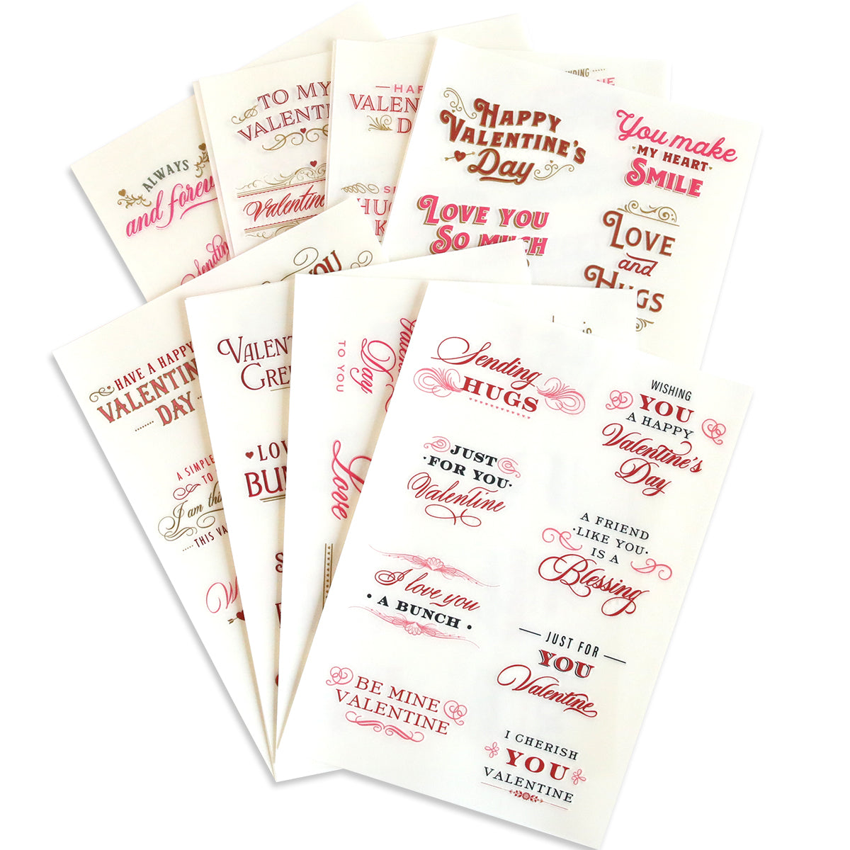 The Smitten Sentiments Rub On Transfers include charming embellishments with love phrases in red and pink text.