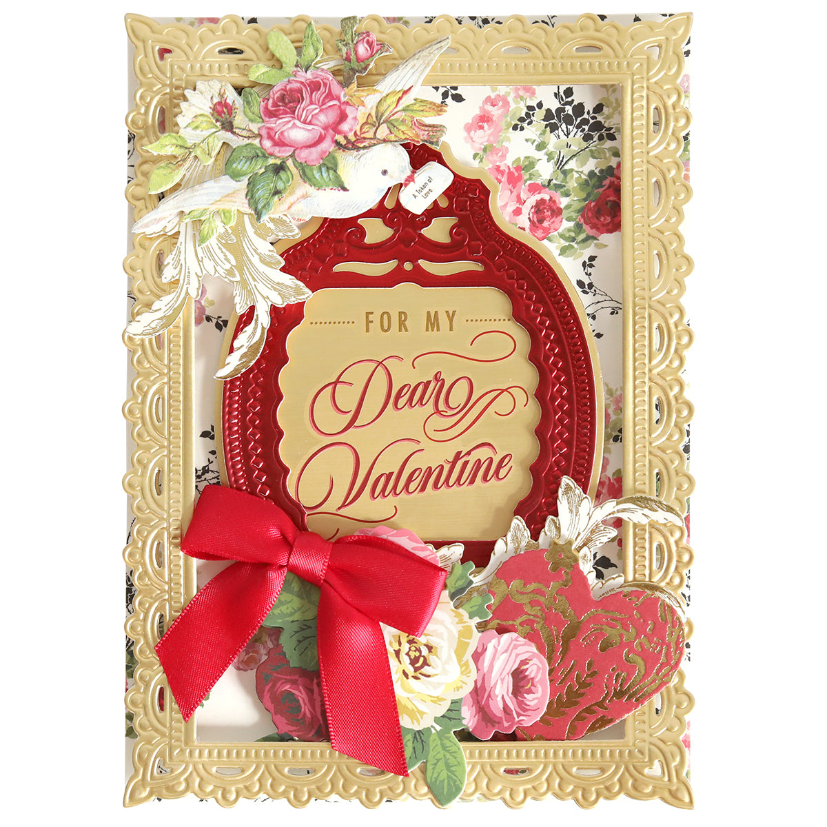 Valentine's Day card embellished with the elegant Smitten Sentiments Rub On Transfers, showcasing ornate red and gold designs with roses, a red bow, and heart motifs. These intricate embellishments add an extra touch of sophistication, making it perfect for expressing heartfelt emotions.