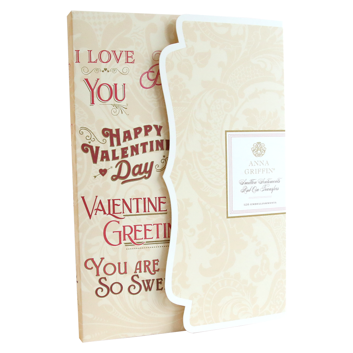 The Smitten Sentiments Rub On Transfers decorative Valentine's Day card showcases "I Love You," "Happy Valentine's Day," and "You Are So Sweet" in different fonts, adorned with elegant embellishments. Its beige floral pattern offers a lovely backdrop, evoking the charm of rub-on transfers.