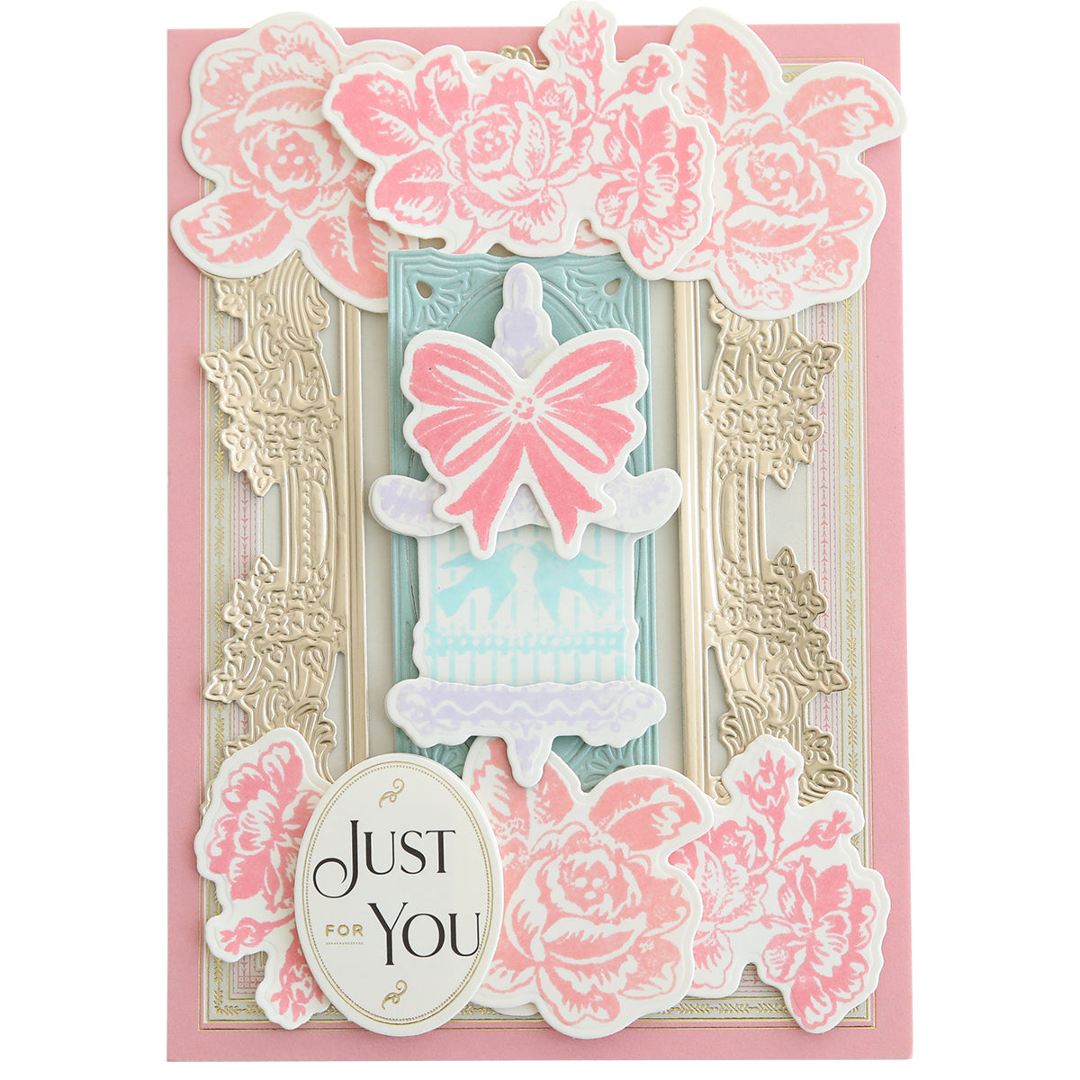 A charming greeting card featuring pink floral patterns and a central layered cake image, highlighted with the shimmer of the Smitten Hybrid Ink Palette, adorned with an oval label bearing the words "Just for You.