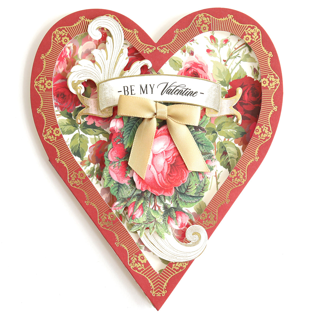 The Heart Shaped Cards with Envelopes, available in a 36 count set, feature a delightful red heart-shaped design highlighted by floral patterns and a beige bow for added charm. The card, displaying the message "Be My Valentine," pairs beautifully with vellum envelopes and is blank inside, inviting your personal touch.