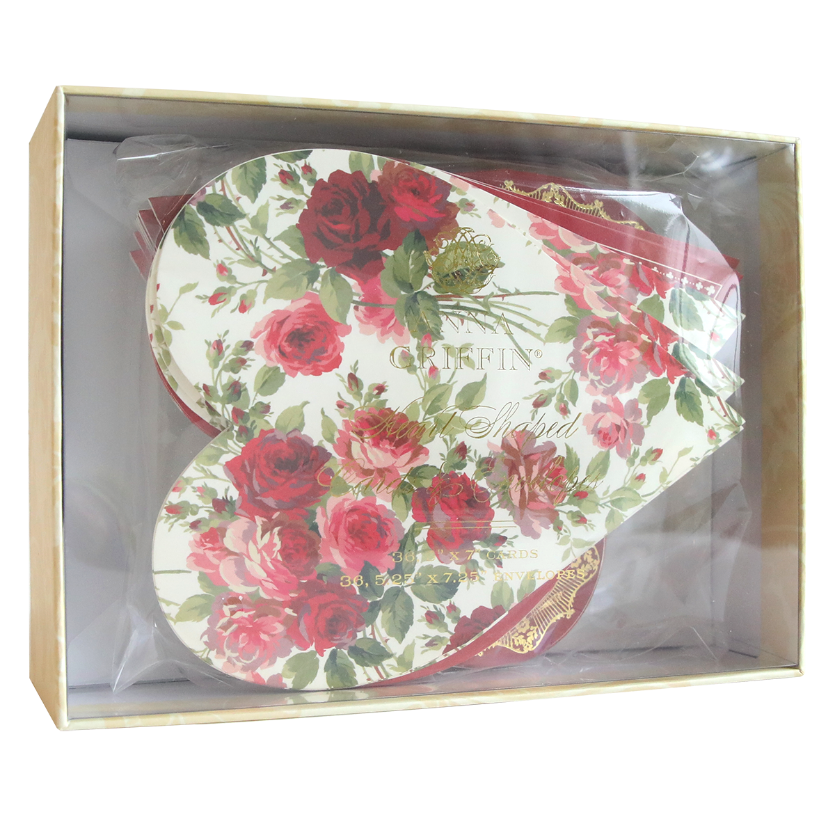 A set of 36 heart-shaped cards with envelopes, featuring a floral design and labeled "Griffin Shaped." The cards are packed in a transparent box and come with blank interiors, making them perfect for any occasion.