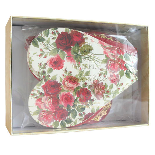 A set of 36 heart-shaped cards with envelopes, featuring a floral design and labeled "Griffin Shaped." The cards are packed in a transparent box and come with blank interiors, making them perfect for any occasion.