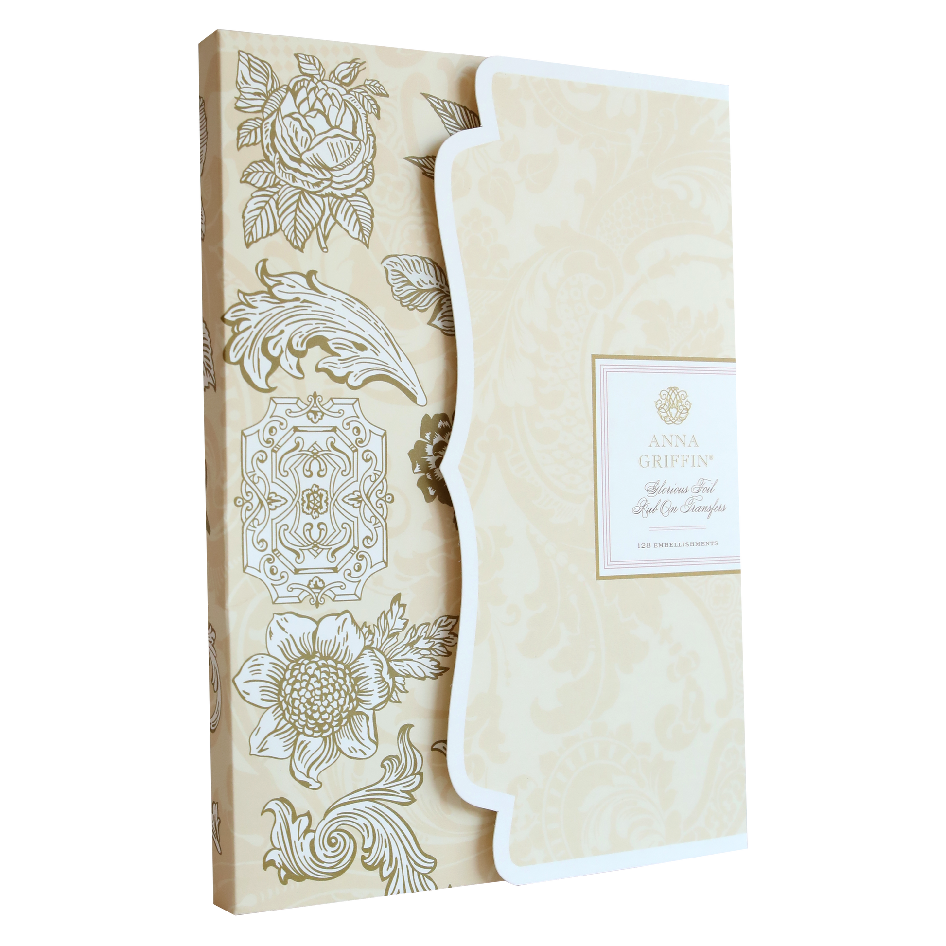 Decorative box with ornate floral patterns in beige and gold, labeled "Anna Griffin," ideal for storing Glorious Foil Rub Ons Gold or other craft project essentials.