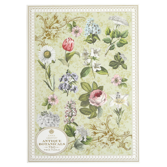 Explore the Antique Botanicals Jigsaw Puzzle, a stunning 750-piece set for flower and puzzle enthusiasts, showcasing a vintage botanical theme with exquisite floral illustrations on an elegant background.