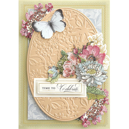 Elegant greeting card with an embossed floral design and butterflies, featuring a "Time to Celebrate" message on an oval plaque. Ideal for adding charm to scrapbook pages or using with Butterfly Pattern Cut & Emboss Folders.