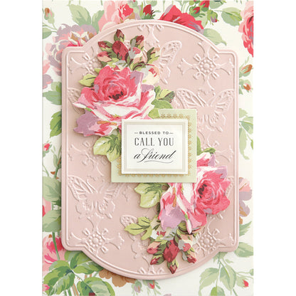 The "Butterfly Pattern Cut & Emboss Folders" create greeting cards with embossed floral patterns and butterflies, showcasing the text "Blessed to call you a friend" in the center. These designs add charming details to your scrapbook pages.