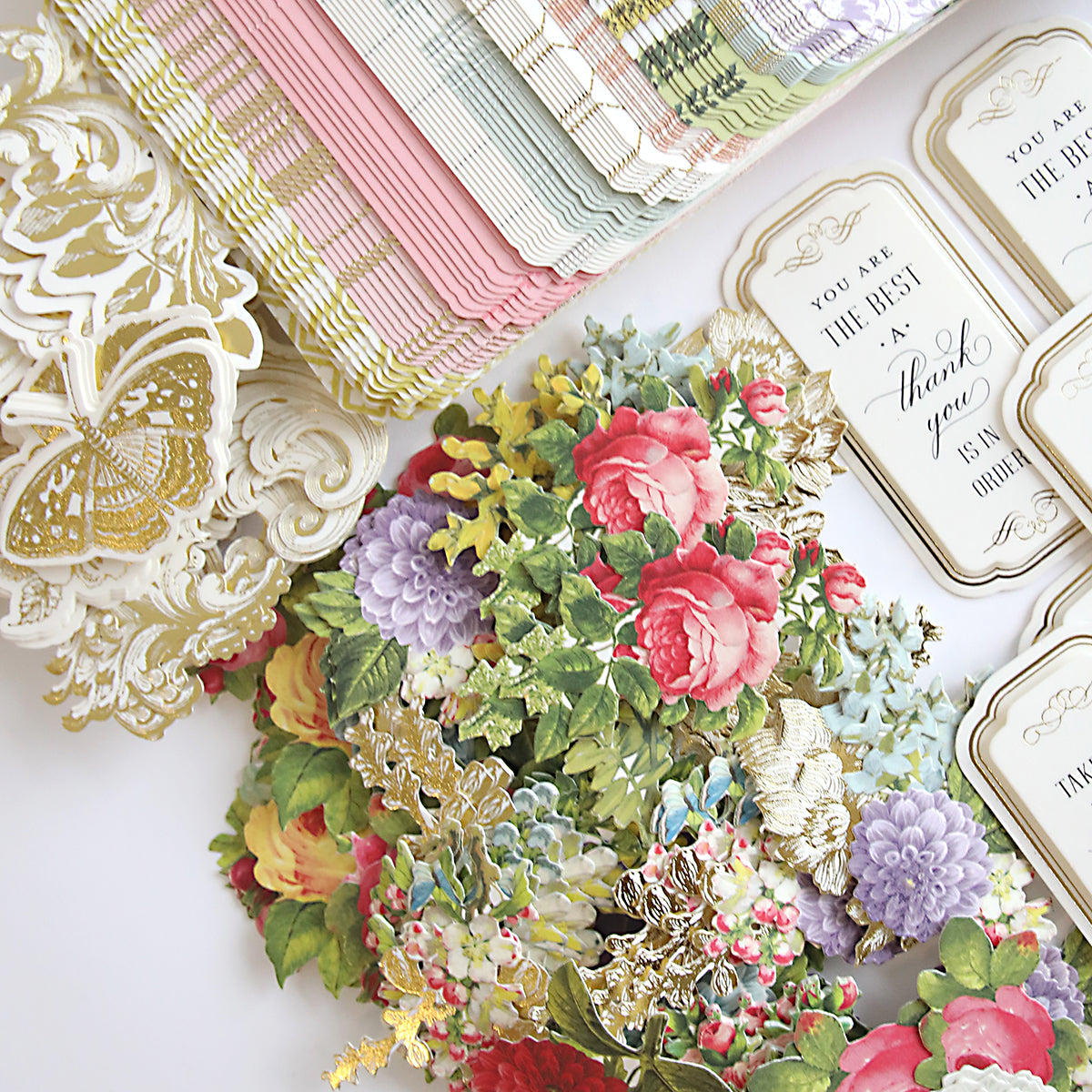 Explore our Tunnel Card Making Kit featuring ornate floral stationery and decorative cards with gold details and vibrant flowers. These interactive cards are ideal for thanking loved ones, adding elegance to your crafting supplies collection.