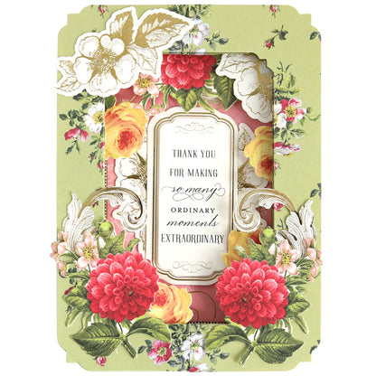 The Tunnel Card Making Kit features an ornate floral design with roses and dahlias, and includes the message: "Thank you for making many ordinary moments extraordinary." It's perfect for interactive card creation and uniquely showcases crafting supplies.