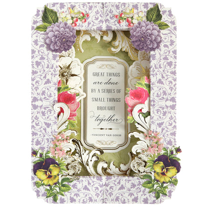 Floral-themed interactive card from the Tunnel Card Making Kit features decorative flowers and leaves. The center text reads: "Great things are done by a series of small things brought together" - Vincent Van Gogh, ideal for crafting enthusiasts.