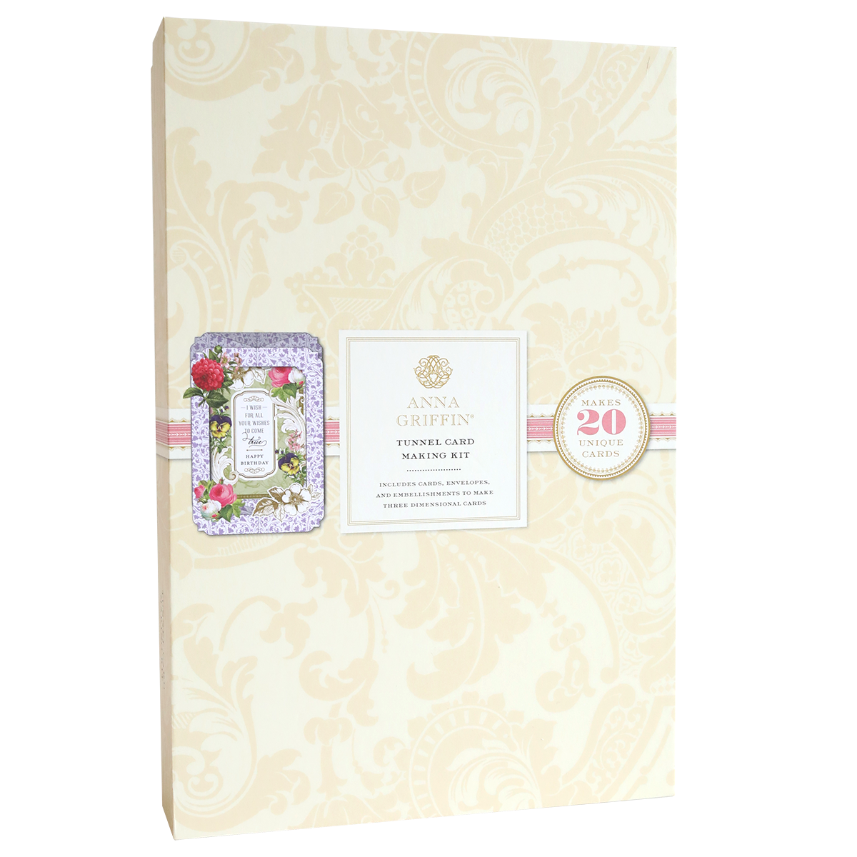 The Tunnel Card Making Kit, featuring floral-themed packaging with an ornate border, offers supplies for crafting 20 interactive cards.