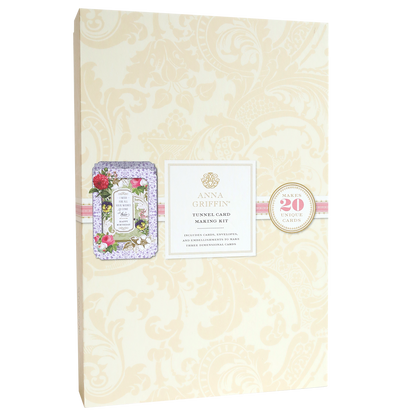 The Tunnel Card Making Kit, featuring floral-themed packaging with an ornate border, offers supplies for crafting 20 interactive cards.