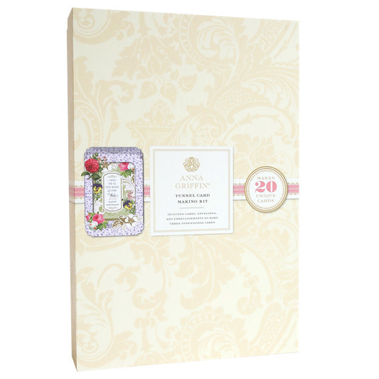 The Tunnel Card Making Kit, featuring floral-themed packaging with an ornate border, offers supplies for crafting 20 interactive cards.