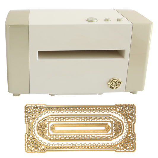 The Empress Elite Mini, a white electronic die cutting and embossing machine with top control knobs, is shown with Oblong Concentric Frame Dies—ornate gold plates featuring intricate patterns, ideal for crafting slimline cards.