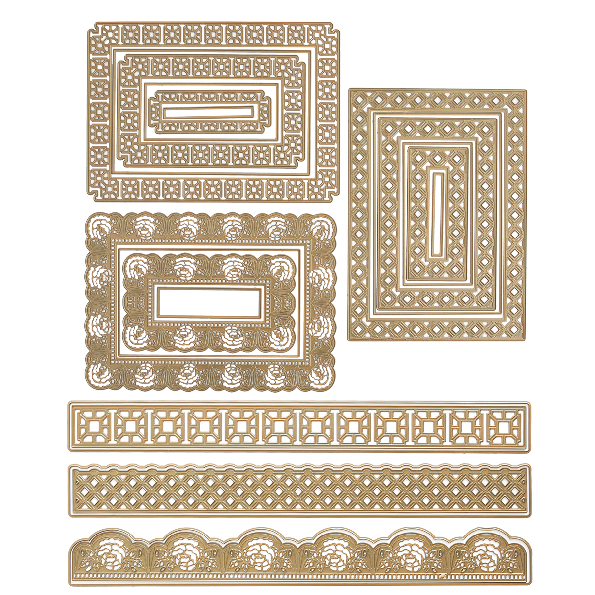 Elegant Frames and Borders Die Set containing six metal cutting dies in various rectangular and decorative border designs.