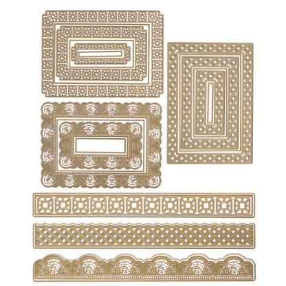 Elegant Frames and Borders Die Set containing six metal cutting dies in various rectangular and decorative border designs.