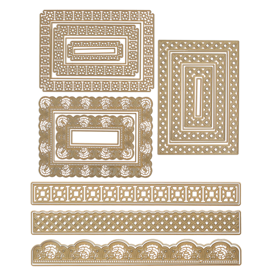 Elegant Frames and Borders Die Set containing six metal cutting dies in various rectangular and decorative border designs.