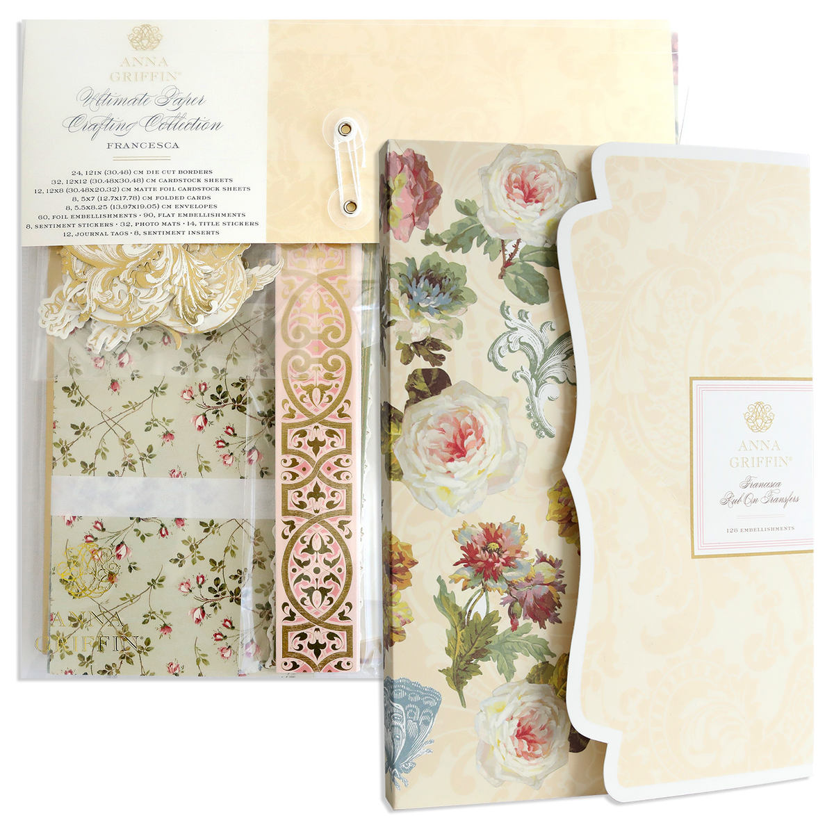 Presenting the Ultimate Francesca Papercrafting Collection with Rub Ons, an enchanting crafting set featuring floral papers, decorative die cuts, ornate embellishments, and delicate floral rub on transfers—all beautifully packaged in soft pastels. Perfect for Valentine’s Day card making or scrapbook projects, these premium supplies offer a magical creative experience.