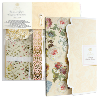 Presenting the Ultimate Francesca Papercrafting Collection with Rub Ons, an enchanting crafting set featuring floral papers, decorative die cuts, ornate embellishments, and delicate floral rub on transfers—all beautifully packaged in soft pastels. Perfect for Valentine’s Day card making or scrapbook projects, these premium supplies offer a magical creative experience.