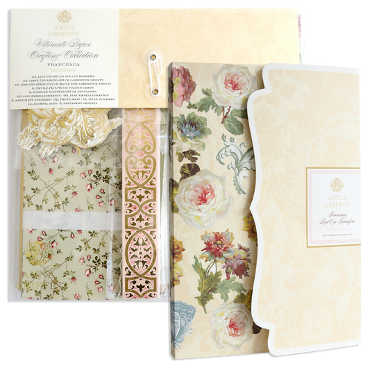 Presenting the Ultimate Francesca Papercrafting Collection with Rub Ons, an enchanting crafting set featuring floral papers, decorative die cuts, ornate embellishments, and delicate floral rub on transfers—all beautifully packaged in soft pastels. Perfect for Valentine’s Day card making or scrapbook projects, these premium supplies offer a magical creative experience.