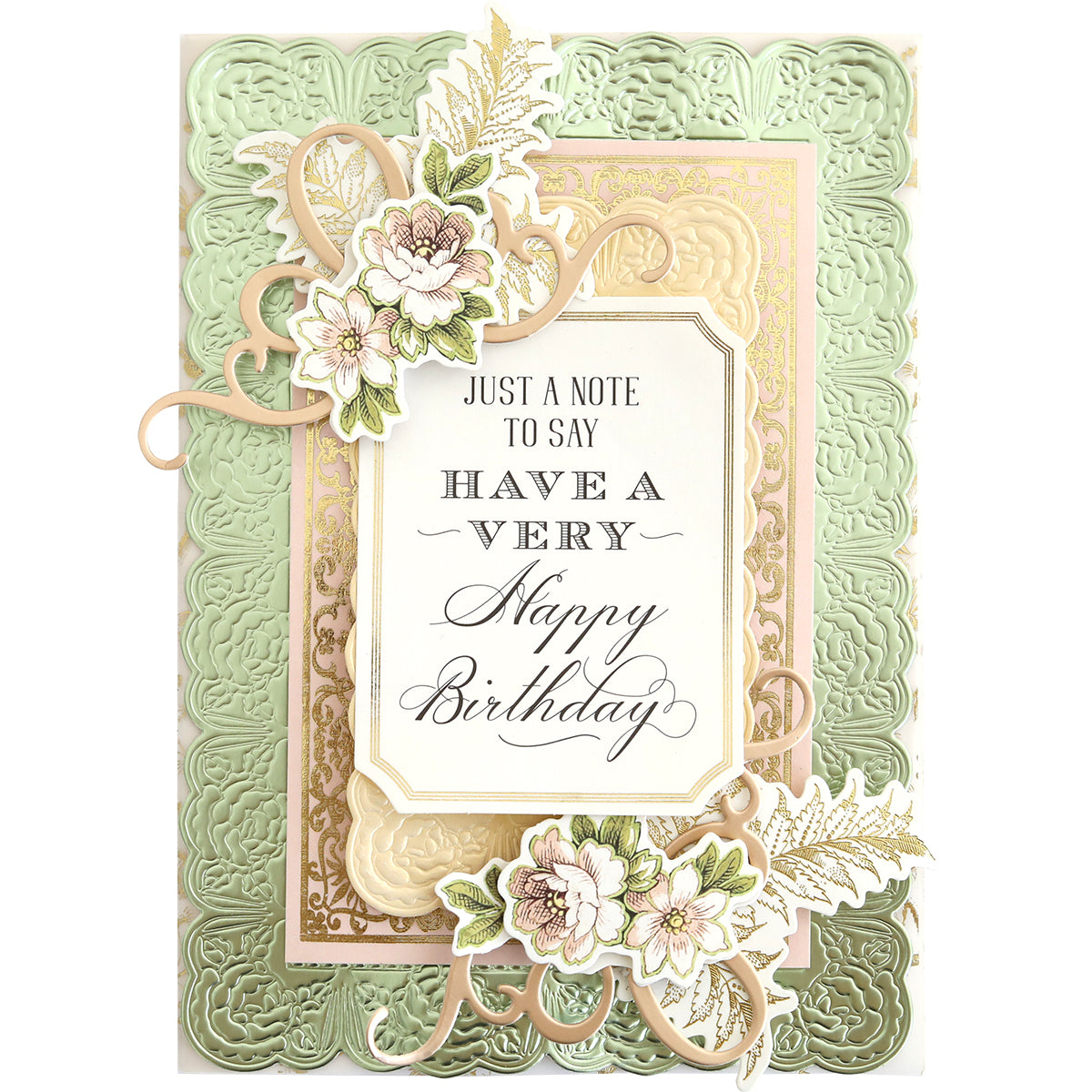 A handmade birthday card featuring an Elegant Frames and Borders Die Set green frame with decorative edges, floral embellishments, and a central panel reading “Just a note to say have a very happy birthday.”