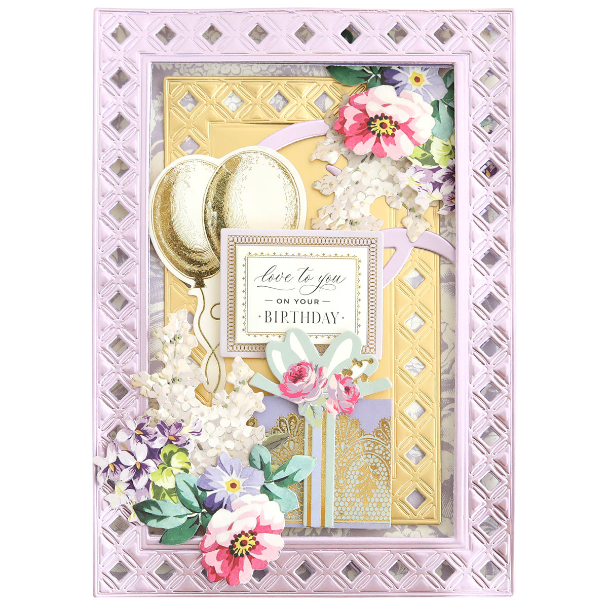 Elegant Frames and Borders Die Set used to create a rectangular birthday card with a lavender lattice frame, gold foil accents, and die-cut flowers surrounding a “love to you on your birthday” tag.