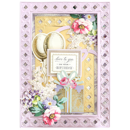 Elegant Frames and Borders Die Set used to create a rectangular birthday card with a lavender lattice frame, gold foil accents, and die-cut flowers surrounding a “love to you on your birthday” tag.