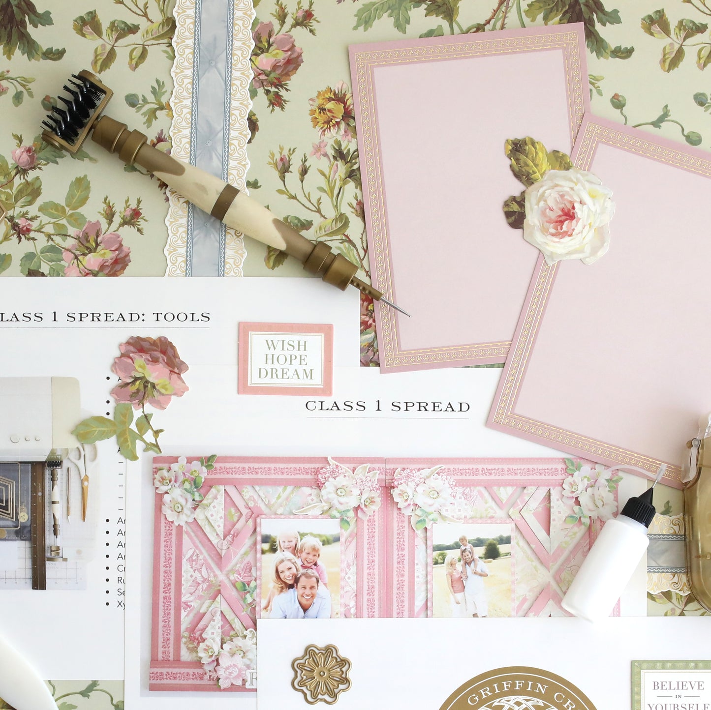 A flat lay featuring Crop at Home 5 Printed Instructions, floral-themed stationery, double-sided pages, decorative paper, a pen, brush, faux flower, and a "WISH HOPE DREAM" card on a patterned surface.