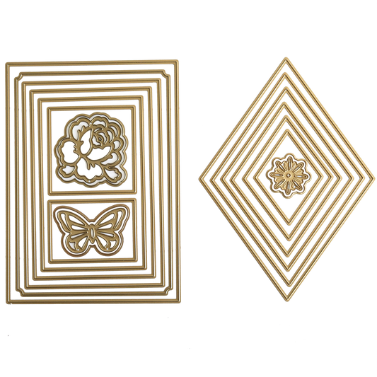 Two sets of gold-edged nesting frames, made with the Crop at Home 5 Concentric Shape Dies—one rectangular with flower and butterfly cutouts, and one diamond-shaped with a floral design—are shown on a white background.