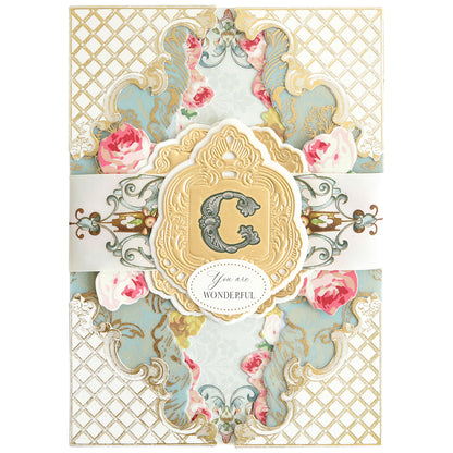 Ornate greeting card with gold lattice, floral designs, and a central gold medallion featuring a decorative "C" from Fancy Alphabet Rub On Transfers above "You are WONDERFUL"—ideal for scrapbooking or cardmaking projects.