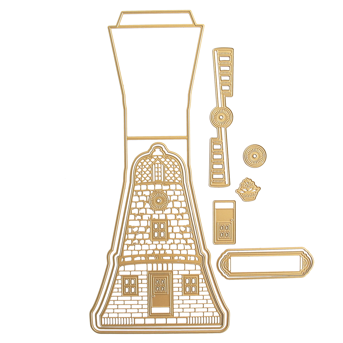 Create a windmill model with die-cut gold outline pieces from 3D Windmill Easel Dies—including body, blades, doors, windows, and accents—ideal for cards and interactive crafts; all components are arranged on a white background.