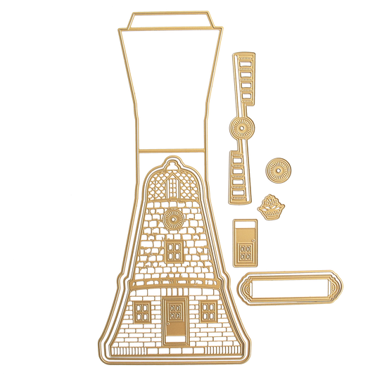 Create a windmill model with die-cut gold outline pieces from 3D Windmill Easel Dies—including body, blades, doors, windows, and accents—ideal for cards and interactive crafts; all components are arranged on a white background.