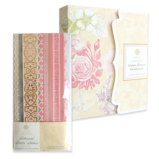 Antique Botanical Embellishments and Borders kit includes a decorative storage box and pastel floral border stickers in pink, gold, and cream patterns.