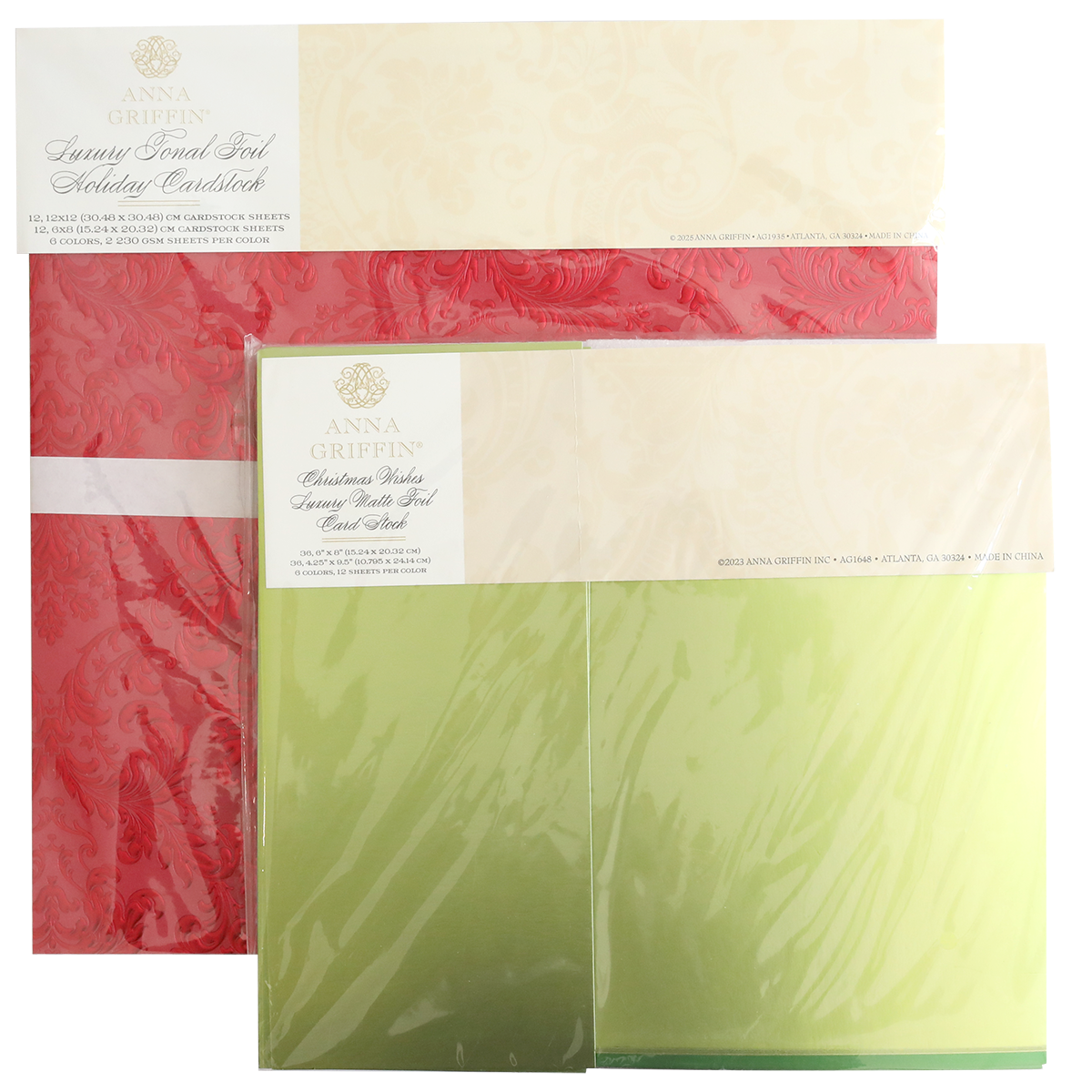 Two packs of Holiday Tonal and Matte Foil Cardstock—one red damask, one green ombre—are perfect for Christmas projects and come sealed in plastic packaging.