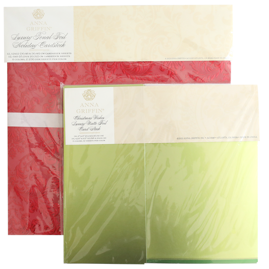 Two packs of Holiday Tonal and Matte Foil Cardstock—one red damask, one green ombre—are perfect for Christmas projects and come sealed in plastic packaging.