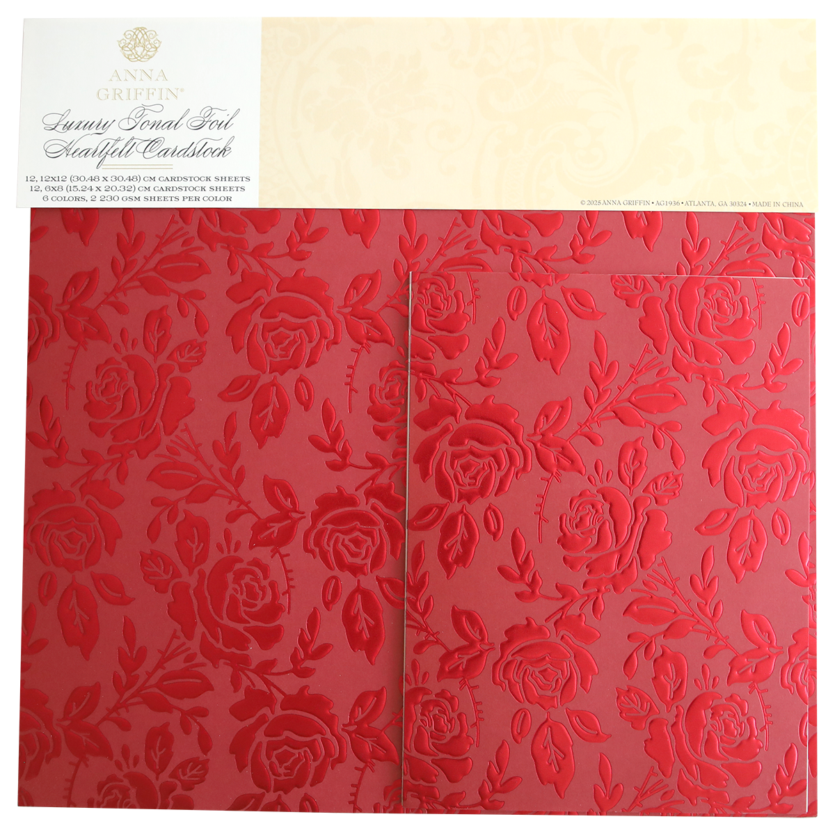 Luxury Tonal Foil Heartfelt Cardstock sheets feature a glossy embossed rose pattern in red and are elegantly packaged, adding a sophisticated touch to any craft project.