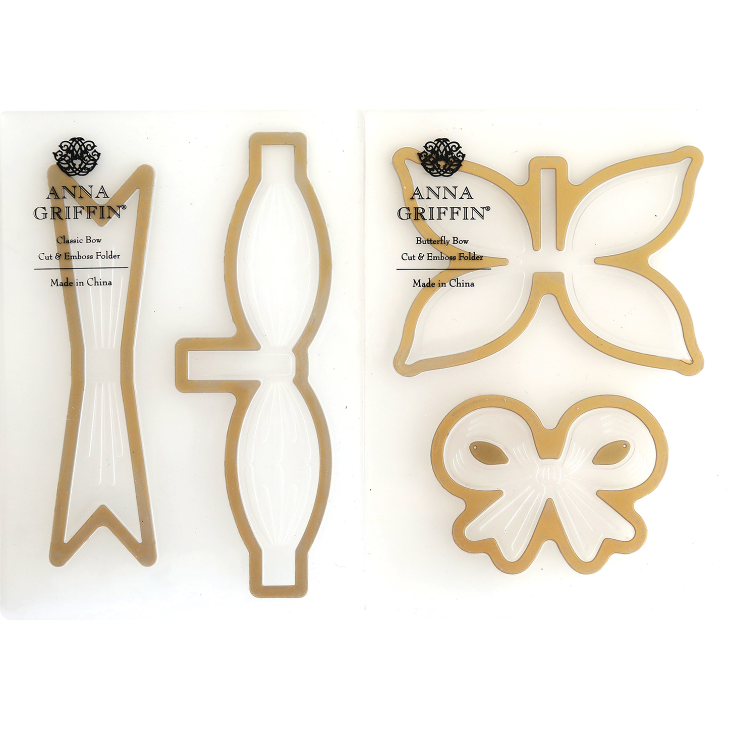 Two sets of Bow Cut & Emboss Folders with gold outlines, ideal for crafting butterfly and ribbon-shaped decorations in your handmade projects.