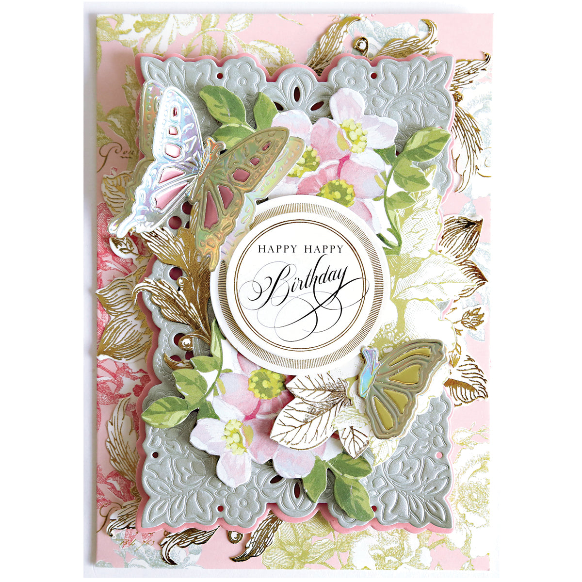 A decorative birthday card adorned with floral patterns, two butterflies made using Dragonfly and Butterfly 3D Dies, and a central round label that says "Happy Happy Birthday"—ideal for handmade gifts.