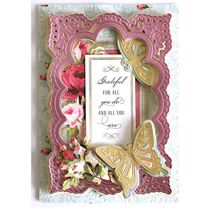 Decorative greeting card with a floral background, ornate pink frame, gold butterflies made using the Dragonfly and Butterfly 3D Dies, and the message "Grateful for all you do and all you are." Ideal for fans of handmade creations.