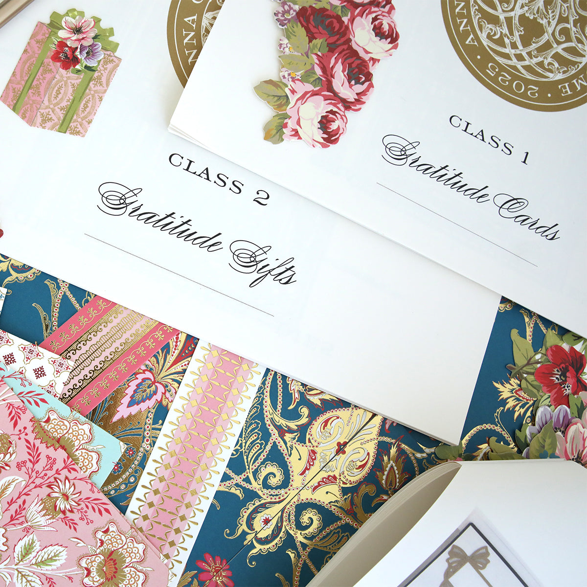 Create 2025 Instructions: Assorted decorative papers and cards with floral patterns, color photos, and step-by-step instructions to help you make "Class 1: Gratitude Cards" and "Class 2: Gratitude Gifts" for Fall 2025 projects.