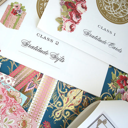Create 2025 Instructions: Assorted decorative papers and cards with floral patterns, color photos, and step-by-step instructions to help you make "Class 1: Gratitude Cards" and "Class 2: Gratitude Gifts" for Fall 2025 projects.