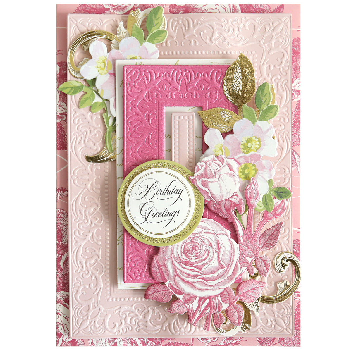 A decorative pink and gold birthday card showcases embossed florals, layered paper flowers, and a "Birthday Greetings" label, beautifully crafted using the Birthday Present Scroll 3D Concentric Frame Dies.