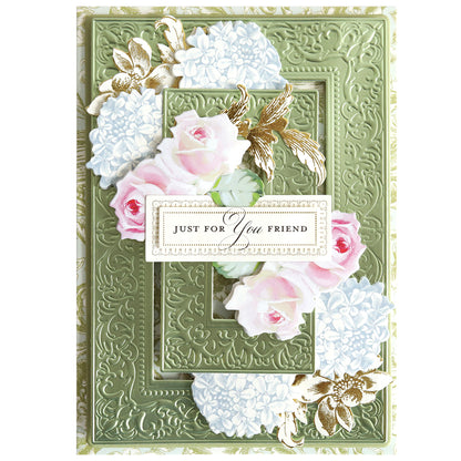 Green embossed card created with Birthday Present Scroll 3D Concentric Frame Dies, featuring intricate patterns, pink roses, blue hydrangeas, gold leaves, and a "Just for You Friend" label framed by delicate scrollwork.