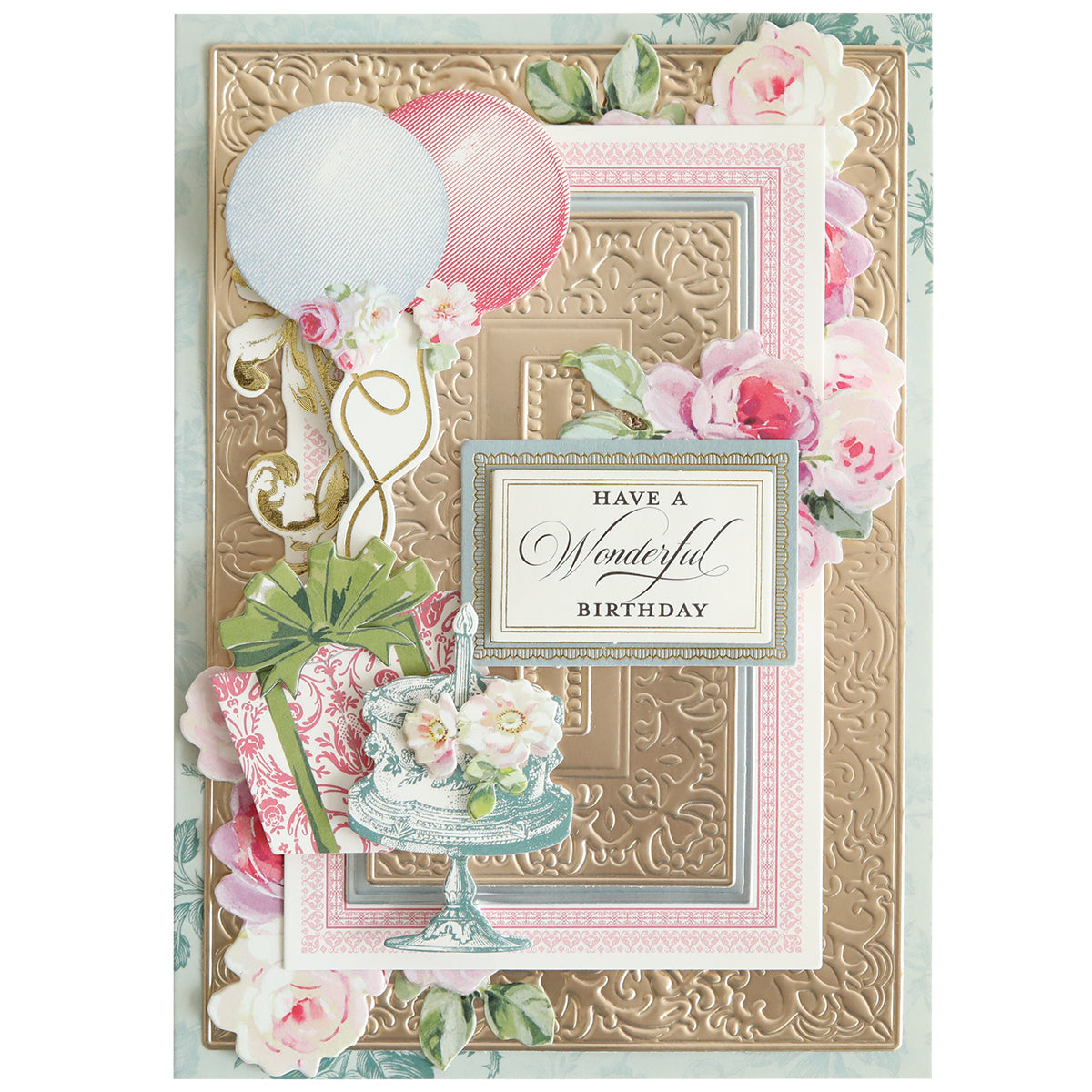 Celebrate birthdays with the Birthday Present Scroll 3D Concentric Frame Dies—featuring embossed gold, pink flowers, balloons, a cake, and "Have a Wonderful Birthday" center text—perfect for card making enthusiasts who love decorative die details.