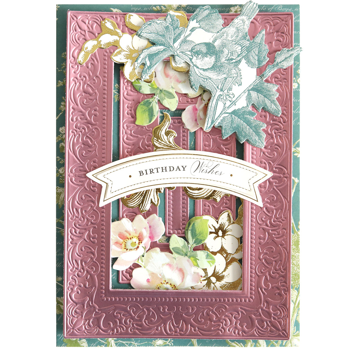 A decorative birthday card featuring the Birthday Present Scroll 3D Concentric Frame Dies, designed with embossed pink borders, floral details, a bird illustration, and a "Birthday Wishes" banner for an elegant, detailed finish.