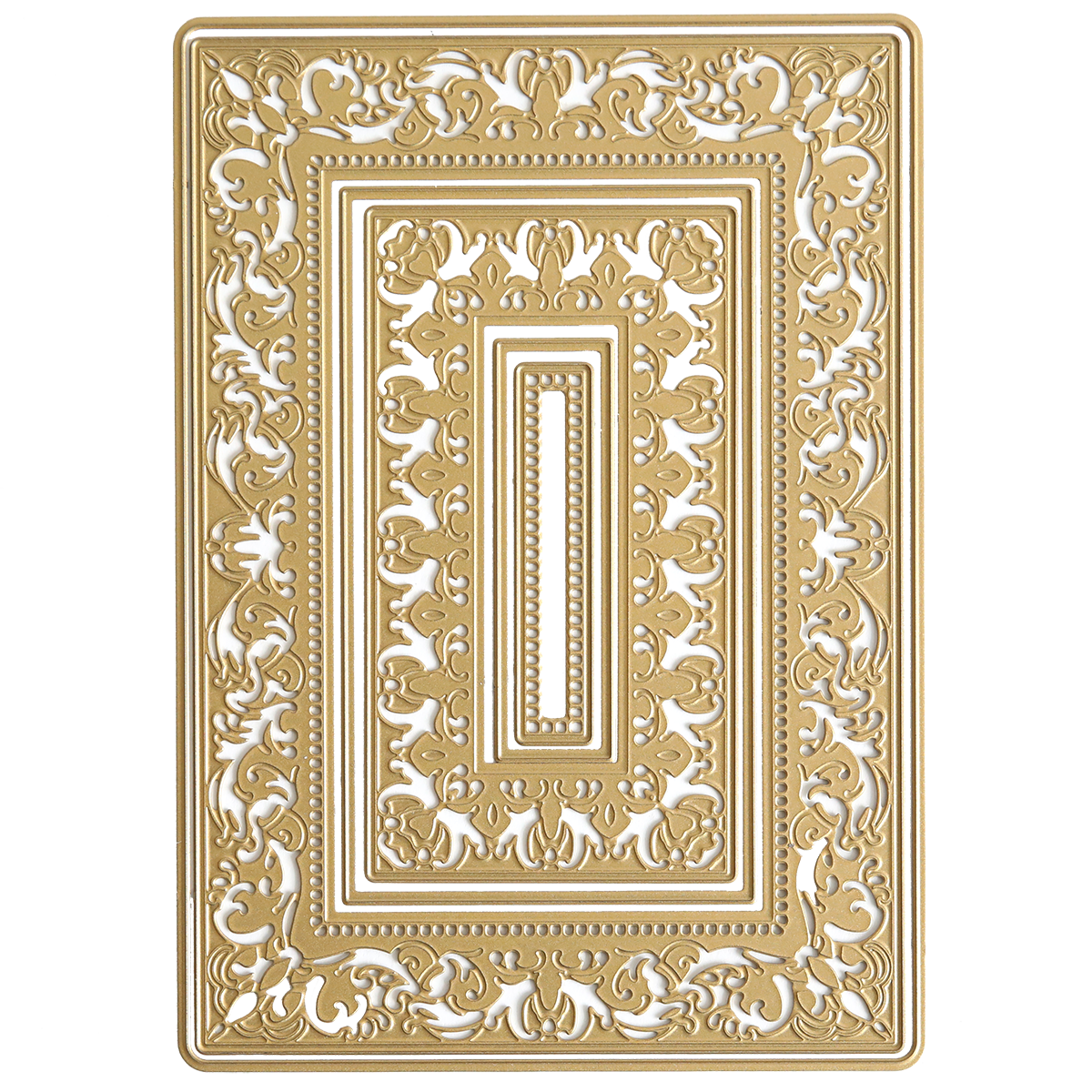 The Birthday Present Scroll 3D Concentric Frame Dies feature a rectangular ornate gold frame with intricate symmetrical floral and scrollwork, ideal for card making or as an elegant die accent on a white background.