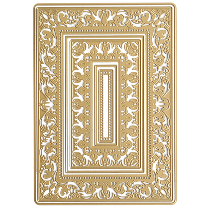 The Birthday Present Scroll 3D Concentric Frame Dies feature a rectangular ornate gold frame with intricate symmetrical floral and scrollwork, ideal for card making or as an elegant die accent on a white background.